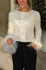 Cocktails First Sequin Button Up Long Sleeve Feather Cuff Party Top