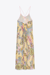 Plant Print Halter Back Loose Holiday Maxi Dress