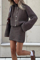 Fashion Lapel Bell Sleeve Knitted Cardigan and Casual Mini Skirt Set