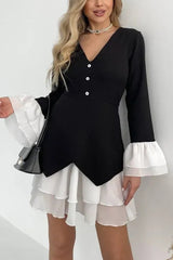 Fashionable Contrast Color Panel Long Sleeve Ruffled Mini Dress
