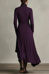 Solid Color High-neck Long-sleeved Irregular Casual Maxi Dress