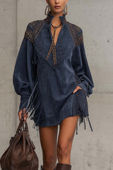 Stylish Suede V-neck Long-sleeved Tassel Loose Mini Dress