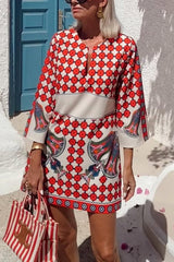 Unique Print V-Neck Loose Holiday Mini Dress