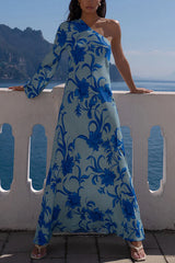 Satin Botanical Print One-Sleeve Resort Maxi Dress