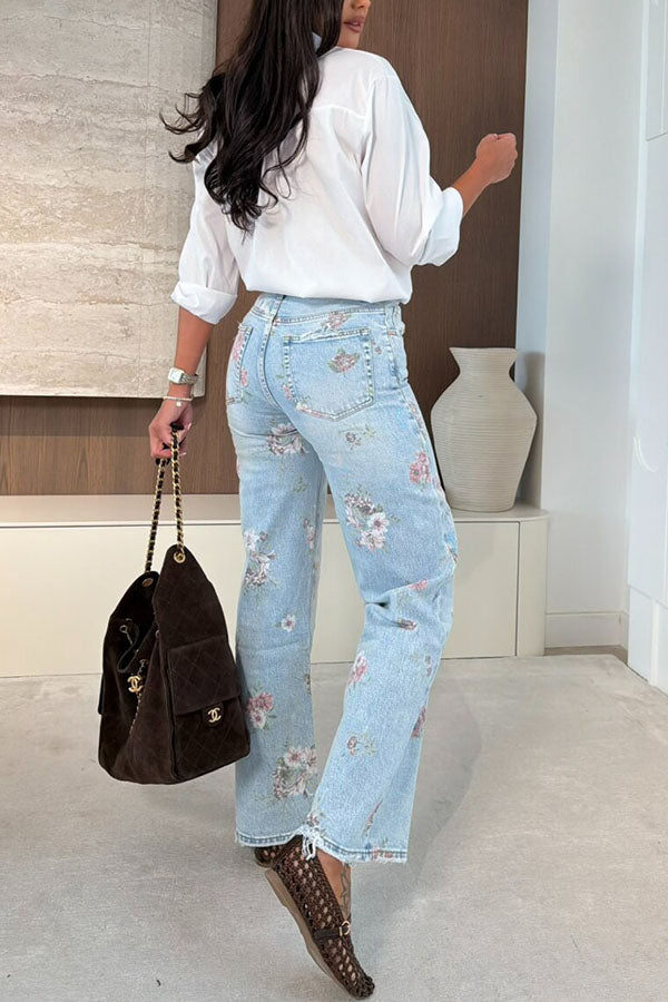 Darling Day Denim Colorful Floral Print High Rise Pocket Straight Leg Jeans