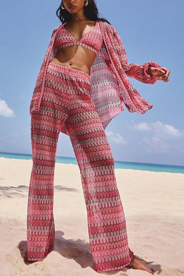 Beach Style Knit Unique Print Long Sleeve Kimono Shirt and Stretch Wide Leg Pants Set