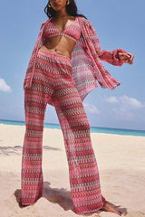 Beach Style Knit Unique Print Long Sleeve Kimono Shirt and Stretch Wide Leg Pants Set