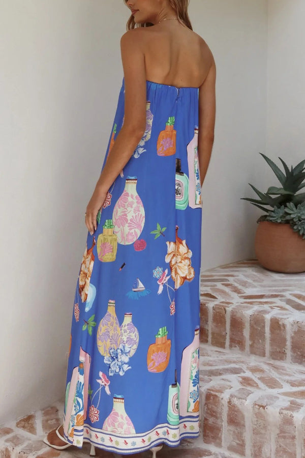 Linen Blend Perfume Bottle Print Sleeveless Off-shoulder Casual Pocket Vacation Maxi Dress