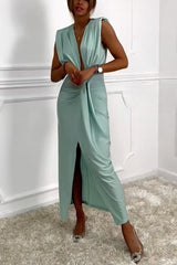 Classic and Se Dates V-neck Ruched Drape Slit Midi Dress