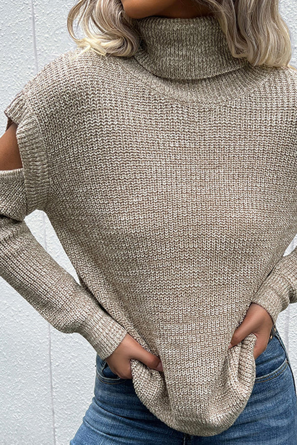 Turtleneck Long Sleeve Solid Color Hollow Off Shoulder Sweater