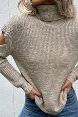 Turtleneck Long Sleeve Solid Color Hollow Off Shoulder Sweater