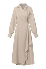 Elegant Long-sleeved Lapel Waisted Pleated Maxi Dress