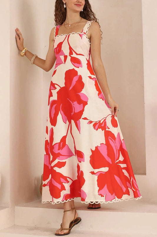 Floral Print Square Neck Sleeveless Wavy Trim Holiday Maxi Dress