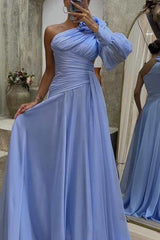 Pretty First Solid Color Floral Pleated One Shoulder Sleeve Slit Maxi Dress