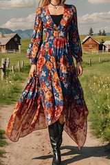 Floral Print V-Neck Long Sleeve Vintage High Waist Midi Dress