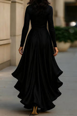 Solid Color Satin V-neck Long-sleeved Elegant Ruffled Maxi Dress