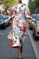 Unique Print Batwing Sleeve Waisted Casual Midi Dress