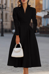 Solid Color Lapel Long Sleeve Waist Pocket Midi Dress