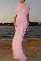 Elegant Mesh Cape-style Pleated Draped Maxi Dress