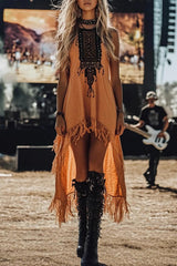 Fashion Loose Sleeveless Spliced Tassel Casual Midi Dress