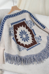 Ethnic Style Loose Long-sleeved Tassel Hem Knitted Sweater