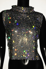 Sexy High-neck Rhinestone Metallic Top