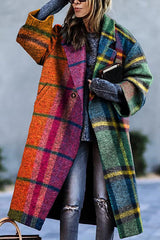 Fashionable Colorblock Plaid Print Pocket Casual Long Coat