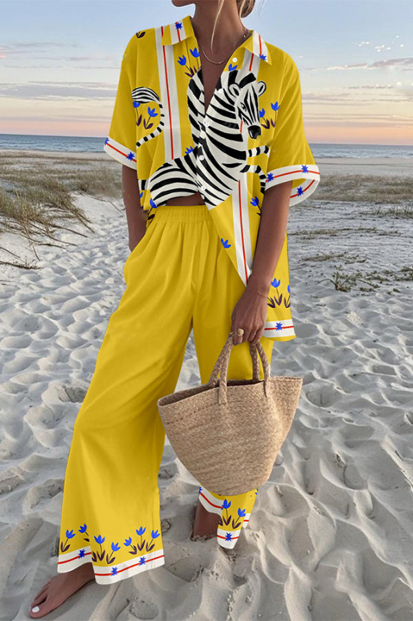 Zebra Print Oversized Shirt and Elastic Waist Pocket Pants Set