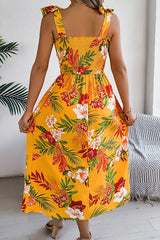 Plant Print Suspenders Pleated Holiday Beach Midi Dress