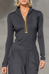 Solid Color Zip-up Long-sleeved Top and Casual Pocket Wide-leg Pants Set