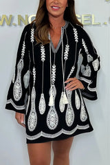 Fashionable Embroidered Pattern V-Neck Trumpet Sleeve Loose Mini Dress