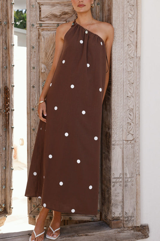Polka Dot Print Sleeveless One-shoulder Tie-up Casual Vacation Maxi Dress