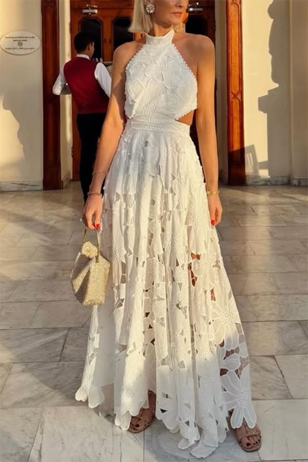 Sevilla Sun Embroidery Crochet Flowers Cutout Waist Halter Backless Maxi Dress