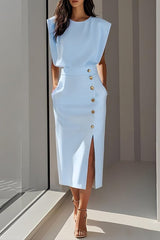 Solid Color Round Neck Sleeveless Button Slit Midi Dress