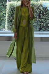Solid Color Long Cardigan + Round Neck Casual Top and Elastic Waist Wide Leg Pants Three-piece Set