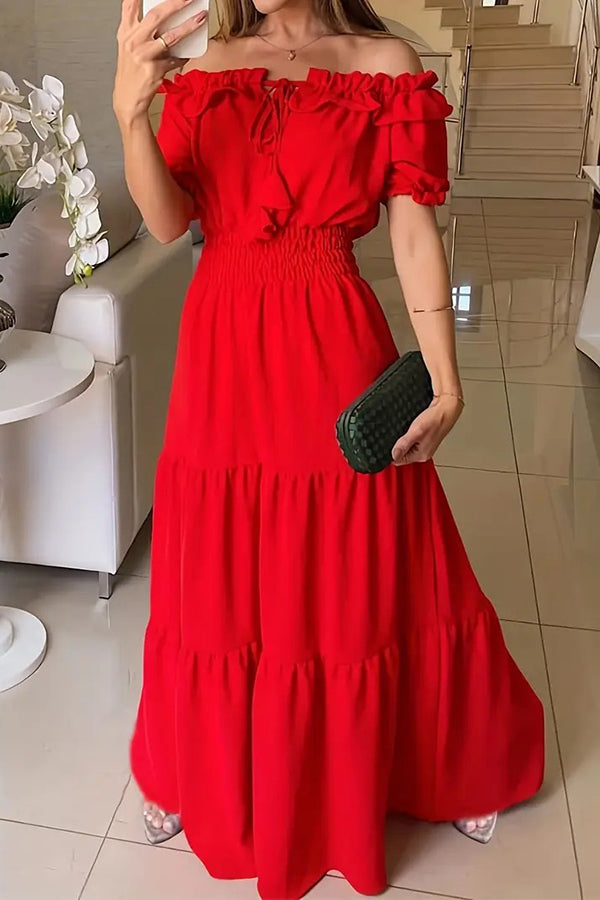 Admit Your Feelings Off Shoulder Smocked Waist Maxi Dress