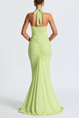 Solid Color Elegant Halterneck V-neck Open Back Tie Gathered Maxi Dress