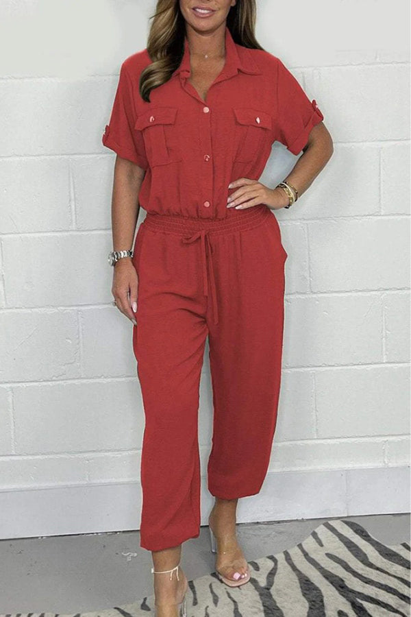 Solid Color Lapel Short Sleeve Casual Pocket Loose Jumpsuit