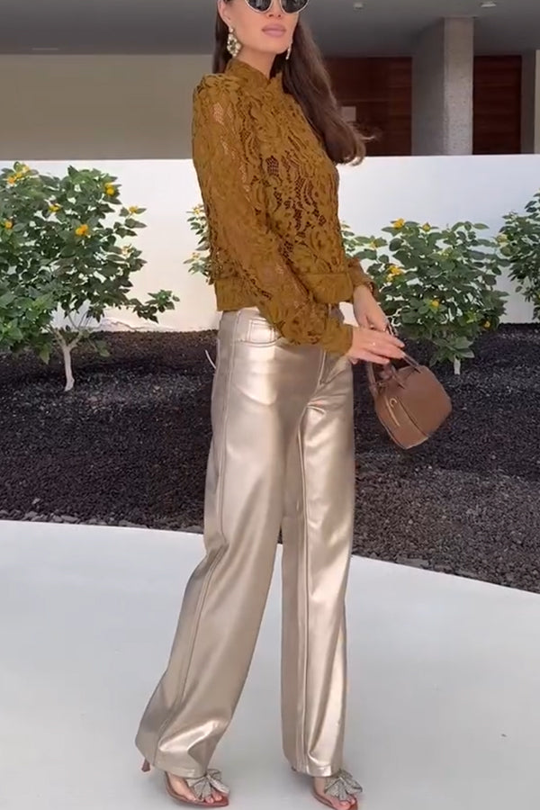 Ceyvan Metallic Fabric High-waist Pocket Straight Leg Stretch Pants