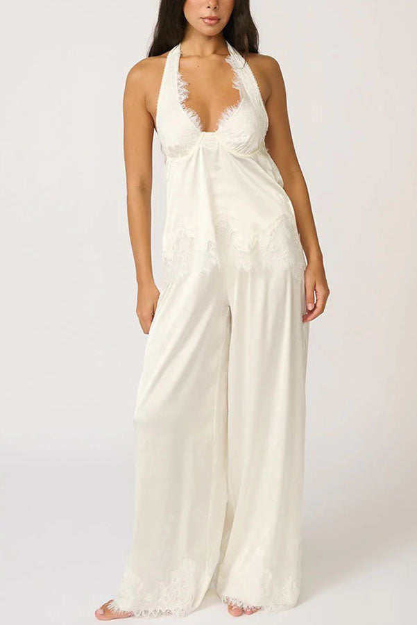 Elegant Morning Satin Lace Trim Halter Tie-up Tank and Elastic Waist Loose Pants Set
