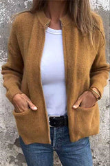 Solid Color Long Sleeve Zipper Pocket Casual Knitted Cardigan