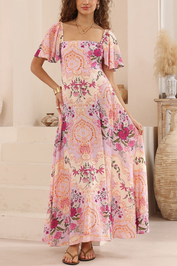 Plant Print Short-sleeved Square Neck Casual Pocket Holiday Midi Dress