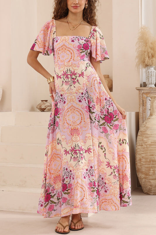 Plant Print Short-sleeved Square Neck Casual Pocket Holiday Midi Dress