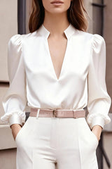 Solid Color Satin V-neck Long-sleeved Casual Shirt