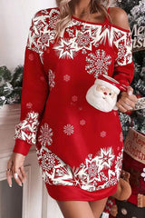 Christmas Snowflake Cold Shoulder Loose Sweatshirt Mini Dress
