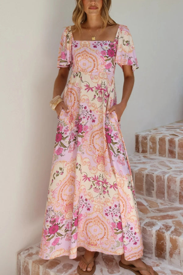 Plant Print Short-sleeved Square Neck Casual Pocket Holiday Midi Dress