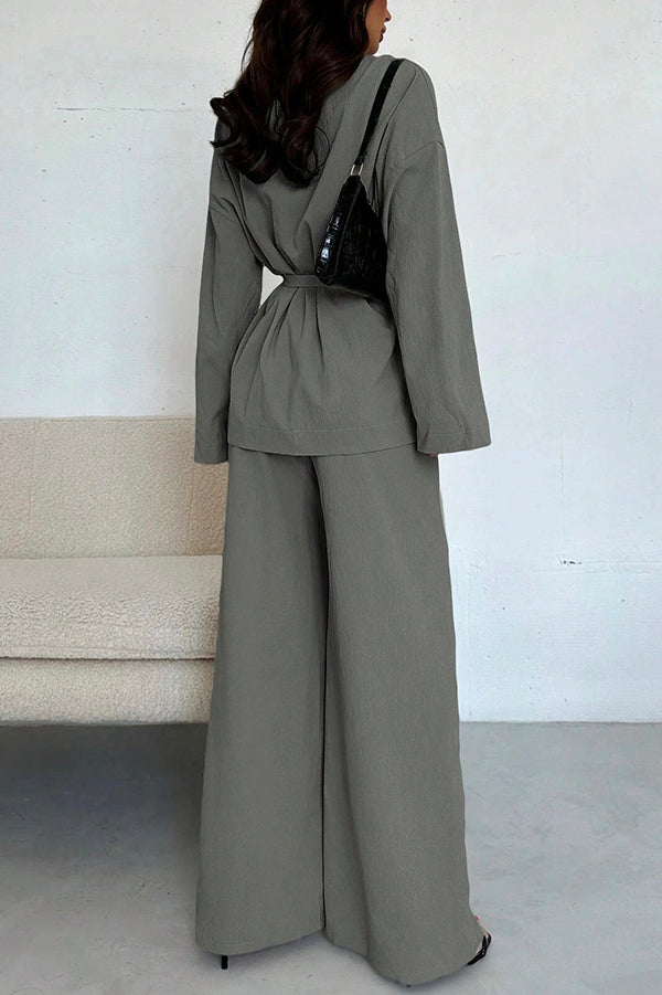 Solid Color Collared Long-sleeved Tie-wst Loose Top and Elastic Wst Casual Wide-leg Pants Set
