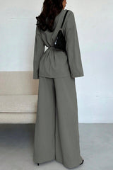Solid Color Collared Long-sleeved Tie-wst Loose Top and Elastic Wst Casual Wide-leg Pants Set