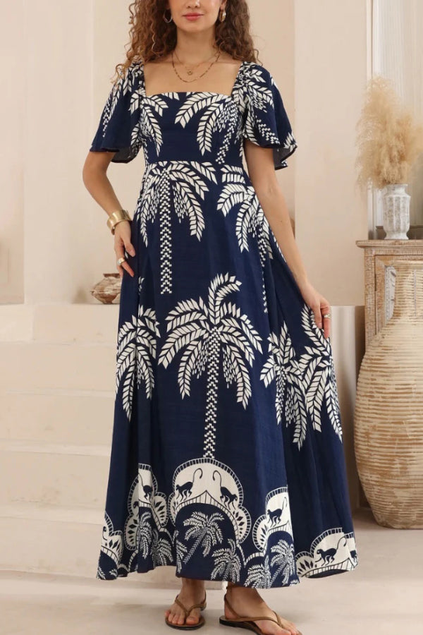 Plant Print Short-sleeved Square Neck Casual Pocket Holiday Midi Dress