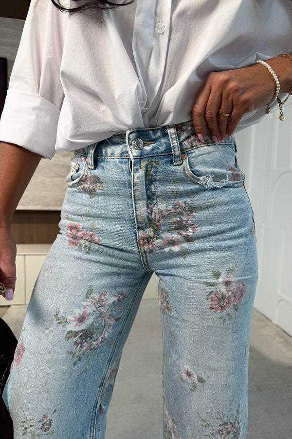Darling Day Denim Colorful Floral Print High Rise Pocket Straight Leg Jeans